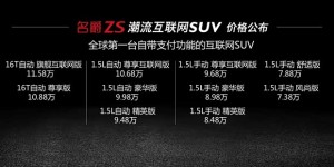 上汽名爵ZS正式上市 售7.38-11.58万元