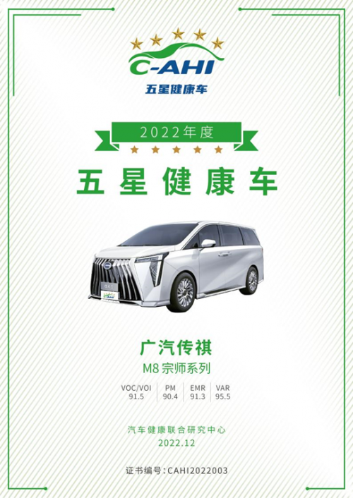 广汽传祺深耕车厢环境健康，获“五星健康车”权威认证！